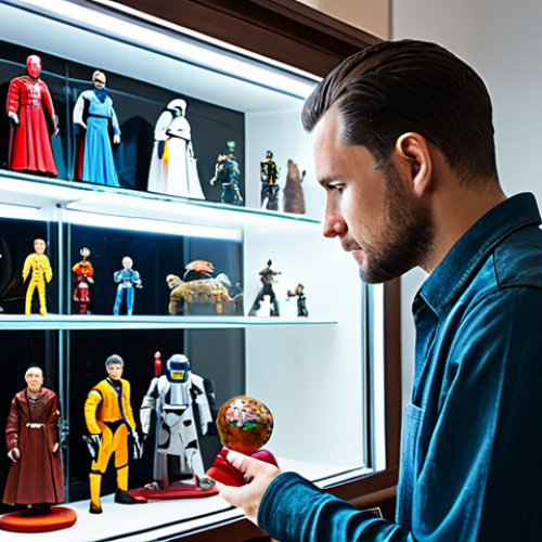 Home 4 A focused male collector, fully clothed in a modest casual shirt and trousers, carefully dusting a highly detailed sci-fi action figure inside a clean, well-lit display cabinet. The cabinet, resembling a common glass display unit for collectibles, is filled with various professional-grade collectible figures, neatly arranged. The background is a modern, tidy living room with warm ambient lighting. The scene conveys a sense of dedication and pride in the hobby. Perfect anatomy, correct proportions, natural pose, well-formed hands, proper finger count, natural body proportions. Safe for work, appropriate content, fully clothed, family-friendly, professional photography, high quality.