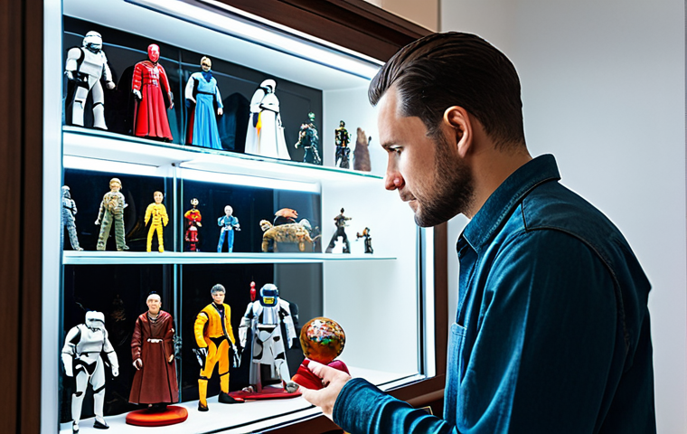 A focused male collector, fully clothed in a modest casual shirt and trousers, carefully dusting a highly detailed sci-fi action figure inside a clean, well-lit display cabinet. The cabinet, resembling a common glass display unit for collectibles, is filled with various professional-grade collectible figures, neatly arranged. The background is a modern, tidy living room with warm ambient lighting. The scene conveys a sense of dedication and pride in the hobby. Perfect anatomy, correct proportions, natural pose, well-formed hands, proper finger count, natural body proportions. Safe for work, appropriate content, fully clothed, family-friendly, professional photography, high quality.